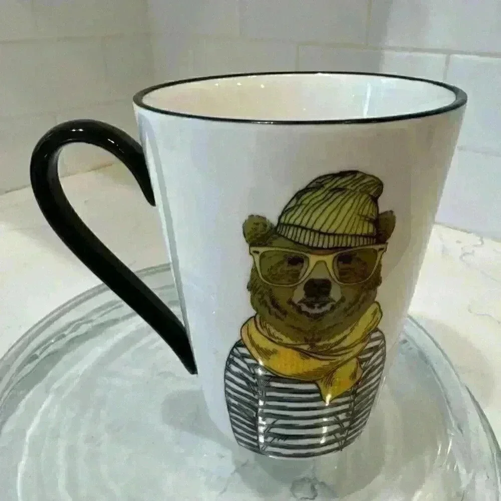 Hipster Brown Bear Mug Cup by Signature 16.5 oz. Big Yellow Glasses & Scarf